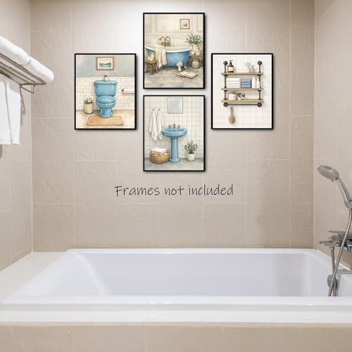 Noaleviax Blue Bathroom Posters Set - Rustic Watercolor Boho Wall Decor, Cuadros Para Baños, Vintage Bathroom Pictures Wall Art for Restroom Decor, 8x10 Unframed, Set of 4
