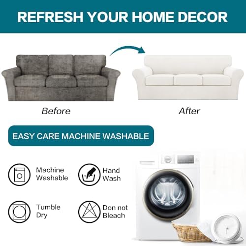 Turquoize 4 Piece Sofa Covers for 3 Cushion Couch Sofa Slipcover Soft Couch Cover for Dogs-Washable Sofa Furniture Covers with 3 Individual Large Cushion Covers (XL Sofa, Porcelain White)