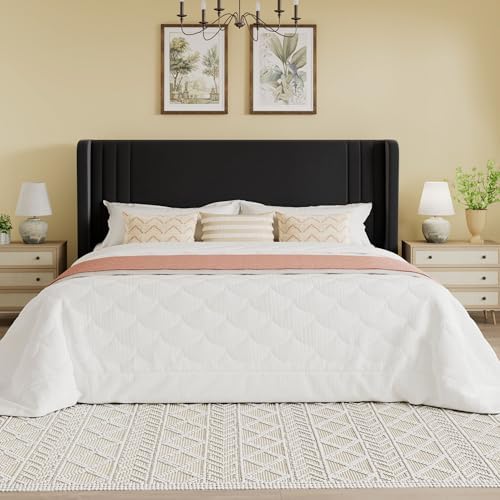 SHA CERLIN King Velvet Upholstered Bed Frame, Wingback Headboard, Black