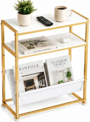 Narrow End Table for Small Spaces - Slim Side Table with Magazine Holder,2 in 1 Design Narrow Coffee Table Living Room,Skinny Bedroom Nightstand Thin Side Magazine Table (White+Gold)