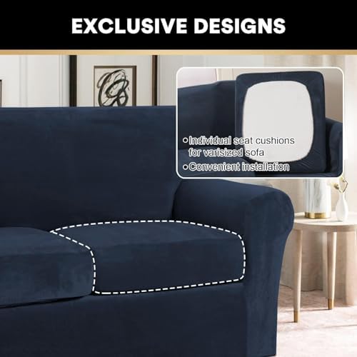 PrinceDeco Velvet Couch Covers for Sofa Soft 4 Pieces Couch Covers for 3 Cushion Couch Sofa Pet Friendly Furniture Protector with Non Slip Elastic Bottom Width Up to 97 Inch (Large Sofas, Navy)