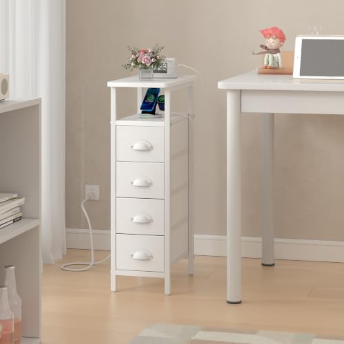 sthmec Side Table with Charging Station, Narrow End Table with 4 Drawers, Small Nightstands with Fabric Drawers,Slim Sofa Couch Side Tables for Small Spaces,Living Room,Bedroom, White