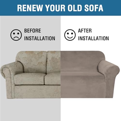 H.VERSAILTEX Stretch Velvet Sofa Covers for 3 Cushion Couch Covers Sofa Slipcovers Furniture Protector Soft with Non Slip Elastic Bottom, Crafted from Thick Comfy Rich Velour (Sofa 72"-90", Taupe)