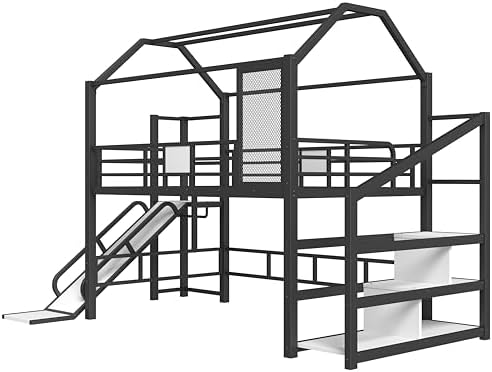 Bellemave Full Size Metal House Loft Bed with Slide and Stairs,Playhouse Heavy Duty Loft Bed Frame with Storage Shelves for Kids,Teens,Adults,Black