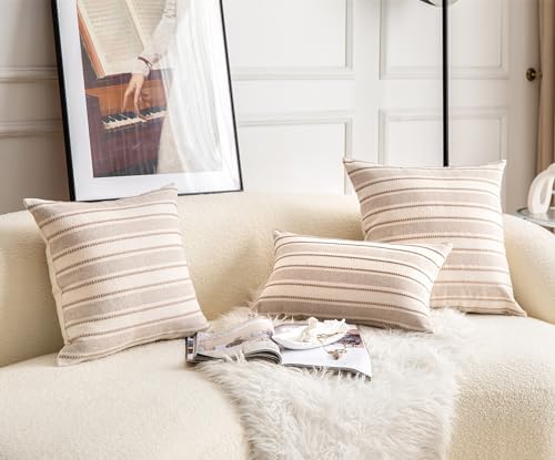 Cethom Decorative Boho Throw Pillow Covers, Farmhouse Textured Pillow Case, 22 x 22 Inch Set of 2, Chair Sofa Bedroom Living Room Home Decor Couch Cushion Case, Taupe and Beige Striped