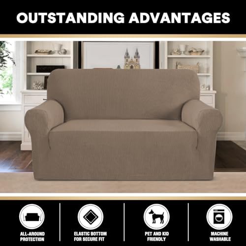 PrinceDeco Stretch Sofa Slipcover 1 Piece Sofa Cover for 2 Cushion Couch Furniture Protector/Cover Couch with Elastic Bottom Soft and Durable Sofa Cover Pet Protector (Loveseat,Macchiato)