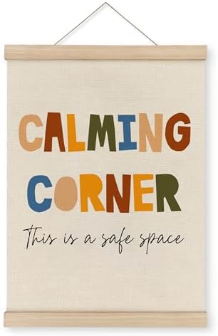 MAQIKA Calming Corner Mental Health Poster Framed with Wood Hanger, Therapy Office Hanging Wall Decor, Safe Space Sign Canvas Wall Art Paints for Therapy School Counselor Office Classroom, 12x16 Inch