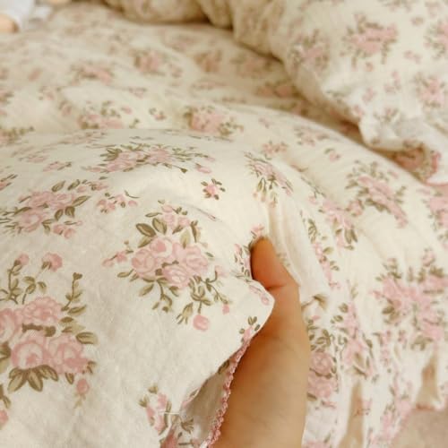 Pink Floral Duvet Cover Twin Ruffle Bedding, Pink Peony, No Pillows