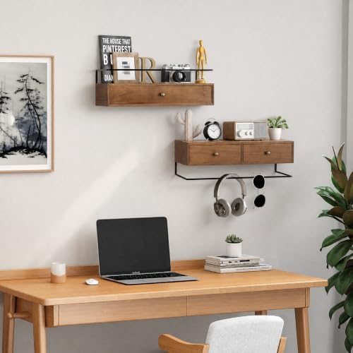 Floating Shelves With Drawers Set of 2, Wall Mounted Storage for Bathroom