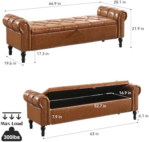 Faux Leather Storage Bench for Bed Room 67 Inch Upholstered Tufted Ottoman Bench with Arms King Size Large Storage Space End of Bed Benches for Bedroom Living Room Entryway Brown