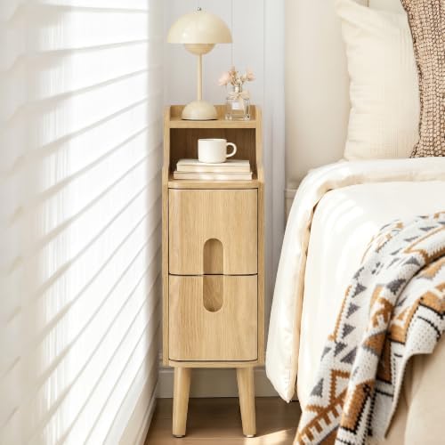 FurSch Narrow Nightstand, Wooden 2 Drawer, Natural, 1 pc