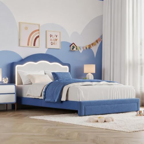 Full Size Kids Bed Frame with LED Headboard Soft Boucle Platform