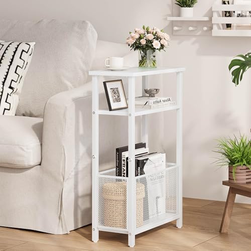 MMEOLUOOK Narrow Side Table with Storage Basket Skinny End Tables for Smalls Spaces 3 Tier Sofa Table Small Nightstand Slim Bedside Table for Living Room Bedroom White MLBZ22W