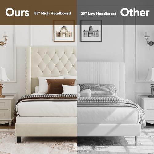 Queen Upholstered Bed Frame, 55.4'' Tall Headboard with Wingback