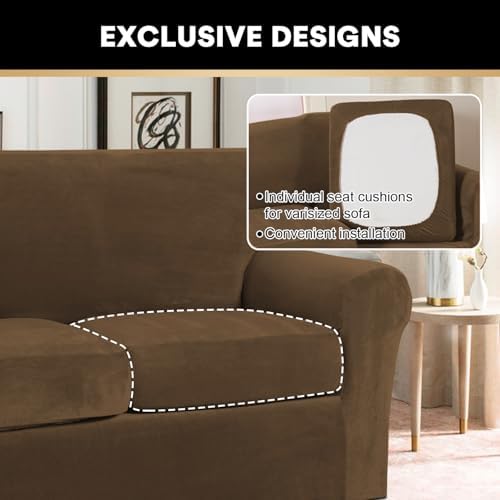 PrinceDeco Couch Cover Velvet Plush Sofa Covers for 2 Cushion Couch Width Up to 90 Inch Washable Furniture Protector Pet Friendly No Slip Sofa Slipcover(Medium-Large, Bronze Brown)