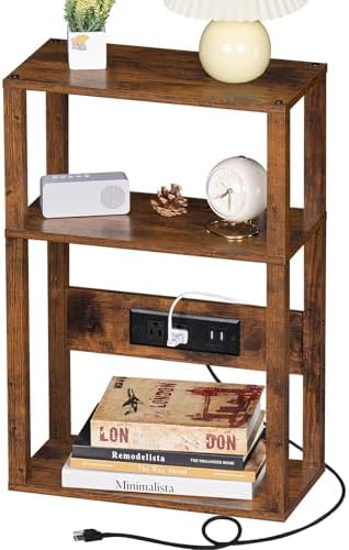YUFAM 3-Tier Narrow Bedside Table with Charging Station, Skinny Nightstand