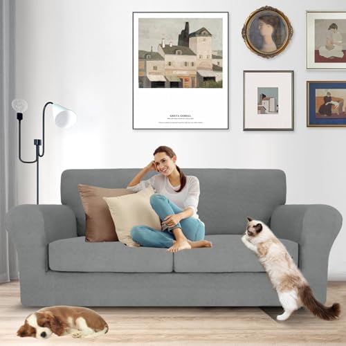 MAXIJIN 3 Piece Couch Covers for 2 Cushion Couch Sofa Cover, Stretch Loveseat Sofa Slipcovers for Sofas with 2 Large Cushions, Thick Dogs Pet Furniture Covers (71"-91", Light Gray)