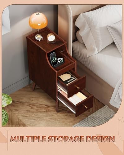 WLIVE Slim Small Nightstand with Drawer Narrow Bedside Table Vintage Cherry
