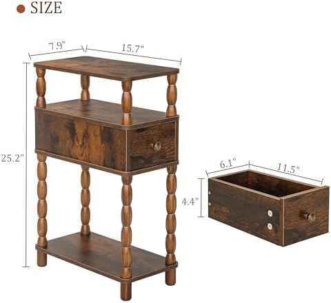 MaxSmeo Narrow Nightstand with Drawer, Narrow End Table with Storage, Skinny Small Side Table Living Room for Small Spaces, Bedroom (Rustic Brown)