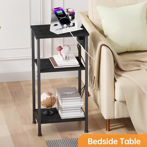 Asgolion Tall End Table with Charging Station, Narrow Tall Side Table