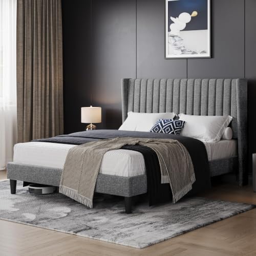 Yaheetech Queen Bed Frame with Headboard,Light Gray Channel-Tufted Platform
