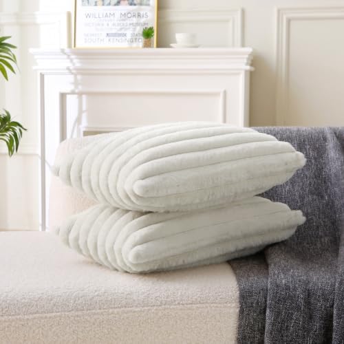 Decorative Throw Pillow with Inserts, Set of 2 Soft Faux Fur Throw Pillows, Boho Striped Pillow for Couch, Bed, Sofa Decor (Beige, 12" x 20"(Pack of 2))