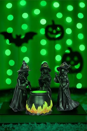 Halloween Witch Figurine Set with Glowing Cauldron – 4PCS Resin Halloween Decorations for Tabletop Mantel Tiered Tray Indoor Haunted House Spooky Witch Statues, Mini Figurines Gothic Home Decor