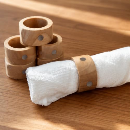 Wooden Napkin Ring with Shell Inlay,Set of 6 for Table Decor
