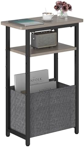 sthmec Narrow Side Table, Skinny End Tables with Fabric Basket, Small Side Tables for Small Space, 2-Tier Open Shelves with Basket, Slim Nightstands for Bedroom,Living Room,Office, Grey