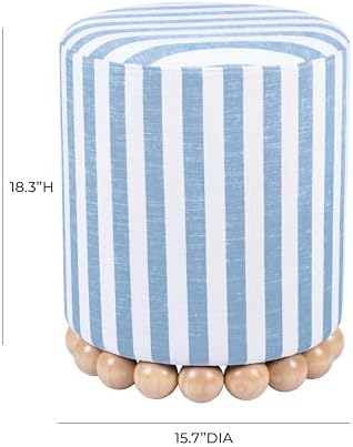 First of a Kind Ottoman Foot Rest - Pastel Blue Round Ottoman Stool with Solid Wood Spherical Orbs - 15.7" W x 15.7" D x 18.3" H - Handmade, Easy Clean, 330 lbs Weight Capacity