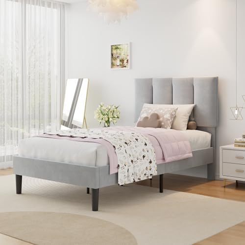 VECELO Twin Size Bed Frame with Upholstered Headboard, Light Grey