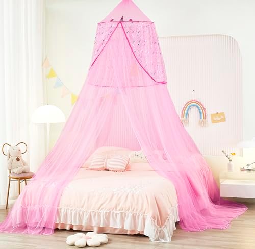 Bed Canopy for Girls, Unicorn Princess Bed Canopy Bedroom Accessories Decor,Girls Mosquito Net Dome Canopy for Twin to King Size Bed