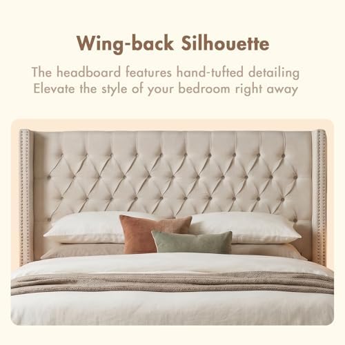 Madison Park Amelia Upholstered Headboard | Nail Head Trim Wingback Button Tufted | King, Cream