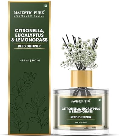 Majestic Pure Citronella, Eucalyptus & Lemongrass Reed Diffuser for Home, Bathroom & Office | Natural Aromatherapy Air Freshener with Reed Sticks & Dried Flower 3.4 fl oz