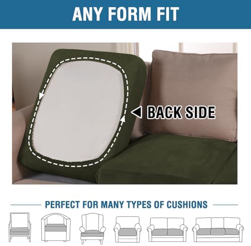 H.VERSAILTEX Velvet Stretch Couch Cushion Cover Plush Cushion Slipcover for Chair Loveseat Sofa Cushion Furniture Protector Seat Cushion Sofa Cover (3 Piece Sofa Cushion Covers, Olive)