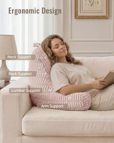 Blissful Diary Reading Pillow, Large Backrest Pillow with Shredded Memory Foam for Adult & Children, Designed for Bed and Couch Sitting Up, Includes Arms, Pockets and Washable Cover, Pale Pink