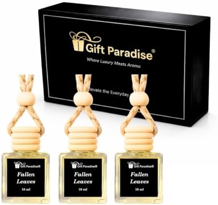 Gift Paradise® Fallen Leaves Car Air Freshener Set of 3, 10 ml Hanging Diffuser Bottles with Wooden Cap, Warm Autumn Scent, Luxury Car & Small Space Fragrance, Premium Magnetic Gift Box