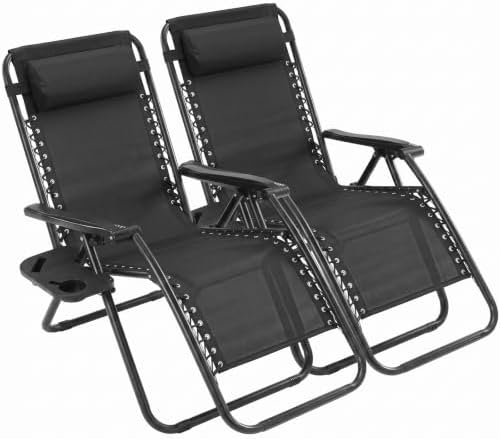 Sweetcrispy Zero Gravity Chairs Set of 2, Outdoor Folding Patio Lounge Chair with Cup Holder Tray, Portable Beach Camping Recliner for Poolside, Garden, Backyard, Lawn, Solid Black