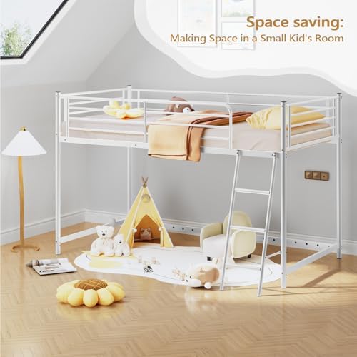 JOYMOR Low Loft Bed with Inclined Ladder, Metal Twin Size Bed Frame with 15” High Guardrail for Boys Girls, Junior, Space Saving, Mattress Not Included (White)