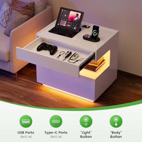 HNEBC White LED Nightstand with Gun Drawers&USB-C Port&Lights for Bedroom