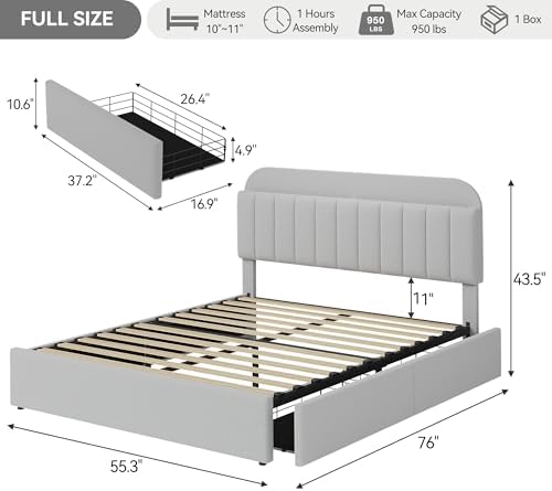 IDEALHOUSE Full Bed Frame with 2 Flexible Drawers and Bookcase Headboard, Boucle Upholstered Platform Bed for Boys/Girls, Noise-Free, Easy Assembly, No Box Spring Needed, Gray