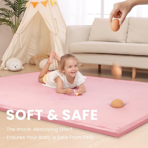 Huloo Sleep Baby Play Mat for Floor,1.3" Thick Elasti-Foam 50x50 Playpen Mat for Toddlers Infant Kids,Water-Repellent Soft Coral Velvet Tummy Time Mats,Non Slip Crawling Mats,Tatami Style(Pink)