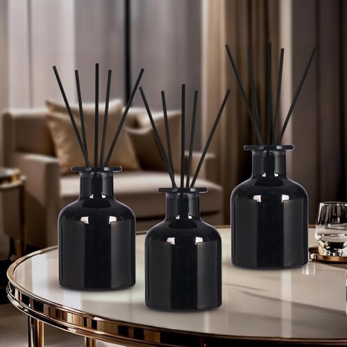 4 Pack Perfume Reed Diffuser Bottle,Empty Big Belly Aromatherapy Essential Oil Bottles Glass Jar with Black Sticks for DIY Fragrance Replacement Diffuser Sets (150ml/ 5 oz, Black Color)