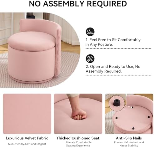 WUTUTUEE Large Velvet Vanity Chair with Storage, 360° Swivel Makeup Chair with Wave Back, No Assembly Small Accent Stool for Bedroom, Dressing, Living Room, Pink