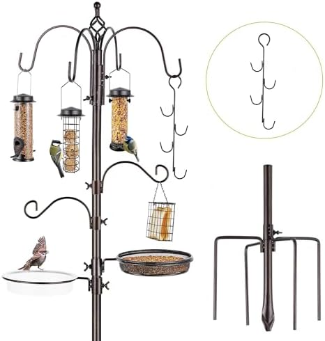 Bird Feeder Station with Suet Cage & Water Bowl Fruit Hook- Adjustable Pole, 6 Hanging Hooks for Wild Birds, Outdoor Garden Bird Feeding Kit