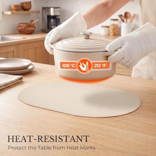 MOSAYT Vinyl Faux Leather Oval Placemats, Set of 6, Beige