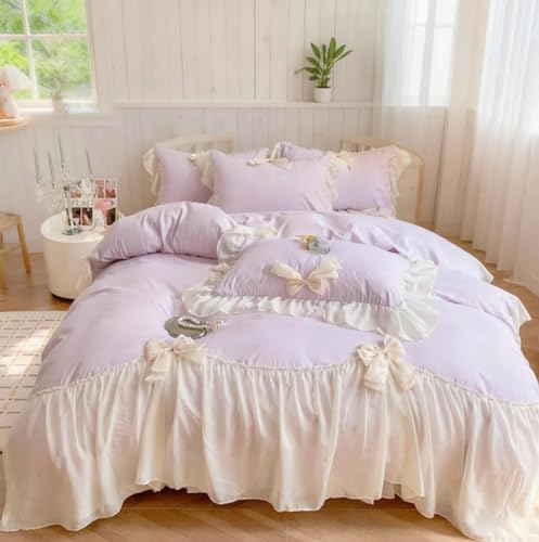 IHOUSTRIY Duvet Cover Twin Size, Ruffle Beddding Set with Bowtie, 2 Pieces Comforter Cover Set with Zipper Closure, Girl Princess Bedding with Pillowcase - Light Purple, Twin
