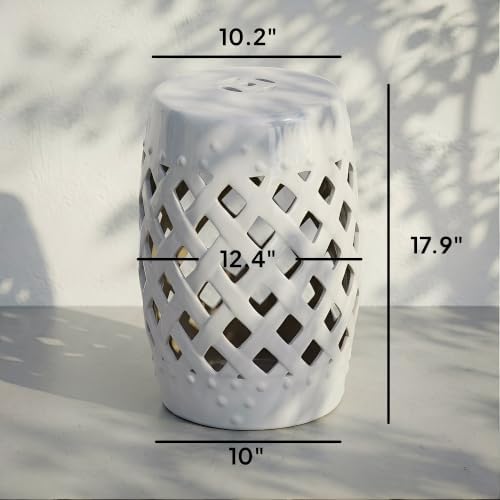Outsunny 12.5" x 18" Ceramic Garden Stool Outdoor Stool Woven Lattice White