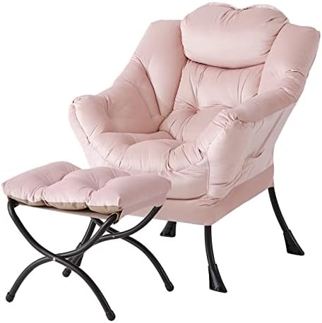 Welnow Lazy Chair with Ottoman, Reading Chair with Footrest, Pink