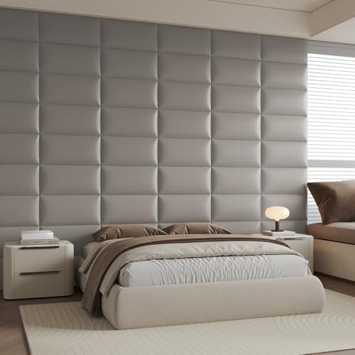 Wall-Mounted Upholstered Headboard Panels, 24x12 Inches, Light Grey Imitation Leather, Pack of 6 – DIY Soundproof Accent Wall Panels, Anti-Collision Padding, Easy to Clean, Modern Bedroom Décor